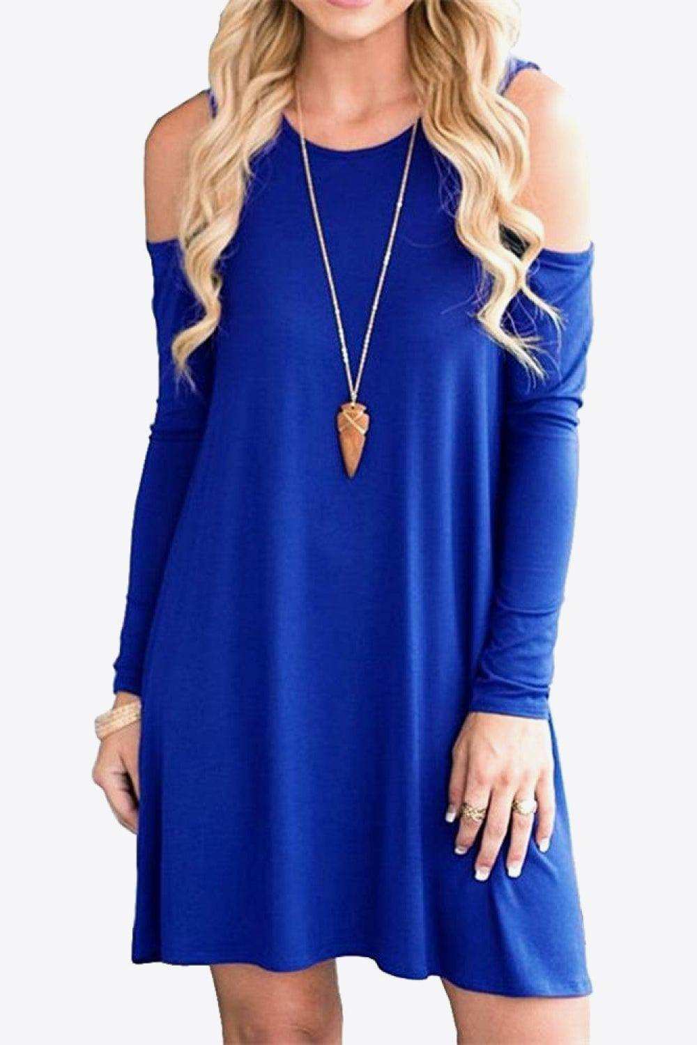 Cold-Shoulder Long Sleeve Round Neck Dress - Trendsi - Flyclothing LLC