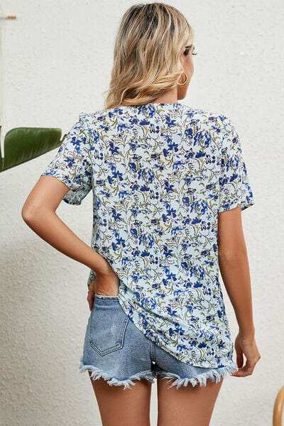 Floral V-Neck Short Sleeve T-Shirt - Trendsi - Flyclothing LLC