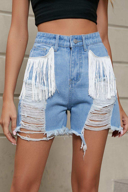 Fringe Trim Distressed Denim Shorts with Pockets - Trendsi - Flyclothing LLC