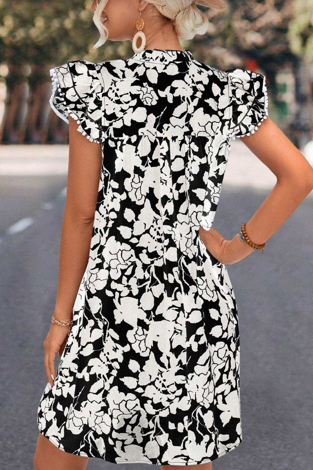 Floral Tie Neck Butterfly Sleeve Dress - Trendsi - Flyclothing LLC