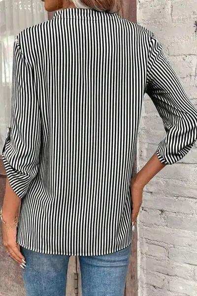 Striped Notched Roll-Tab Sleeve Shirt - Trendsi - Flyclothing LLC