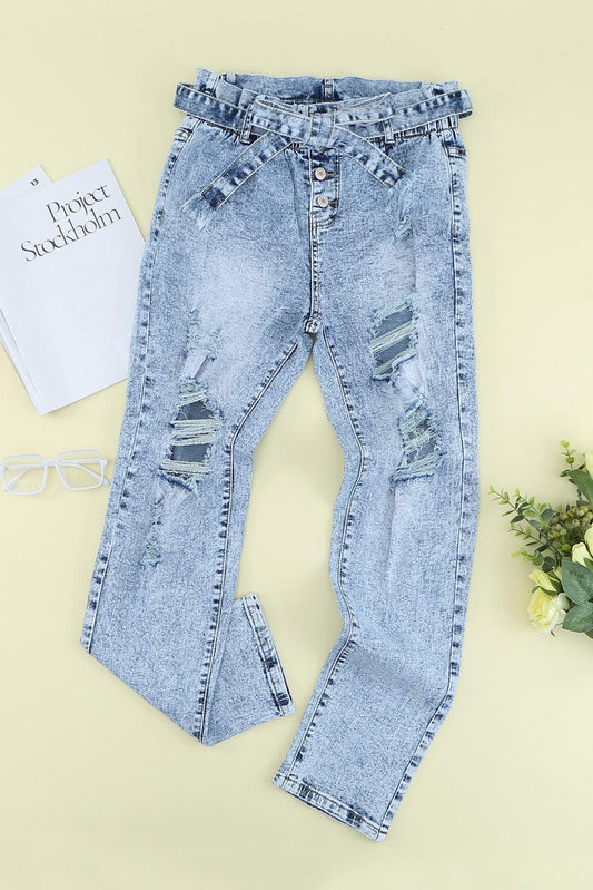 Acid Wash Belted Button Fly Distressed Jeans - Flyclothing LLC
