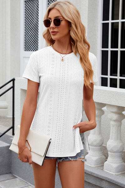 Eyelet Slit Round Neck Short Sleeve T-Shirt - Trendsi - Flyclothing LLC
