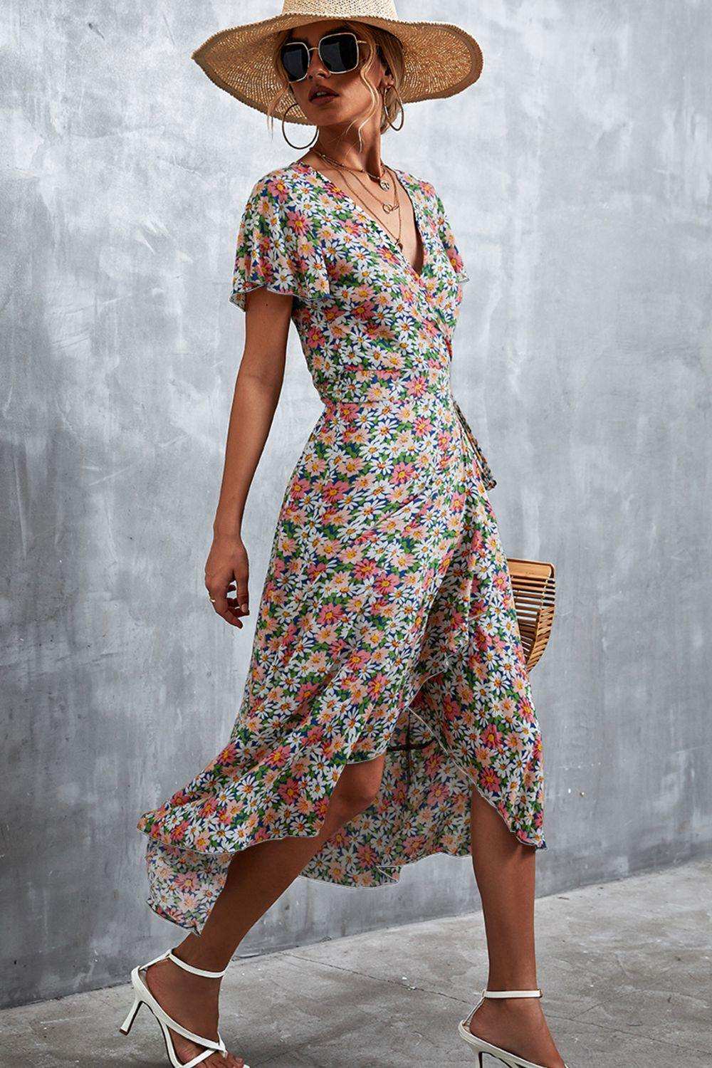 Floral Surplice Neck Tied Midi Dress - Trendsi - Flyclothing LLC