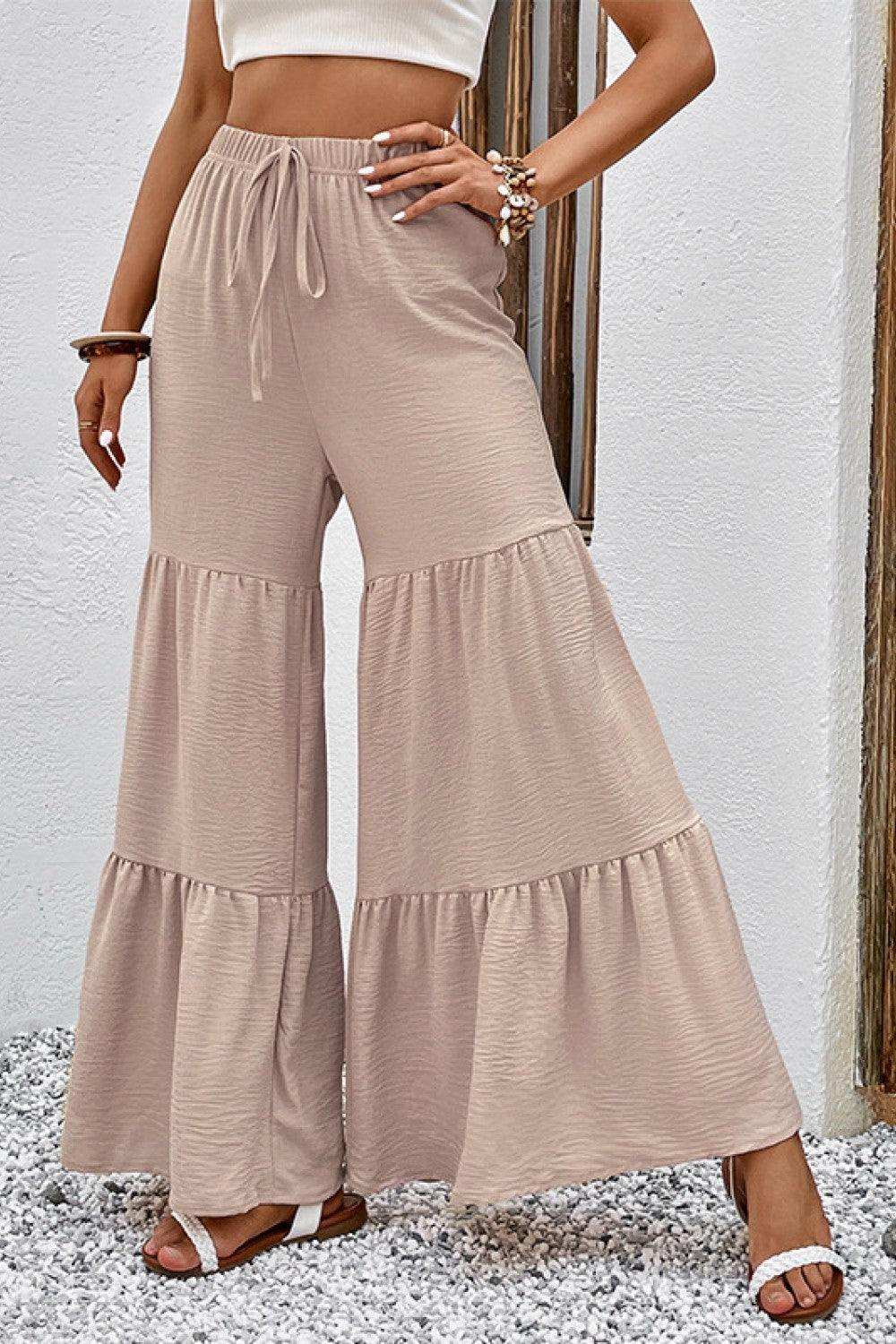 Drawstring Waist Tiered Flare Culottes - Trendsi - Flyclothing LLC