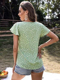 Ruffled Floral Tie Neck Short Sleeve Blouse - Trendsi - Flyclothing LLC