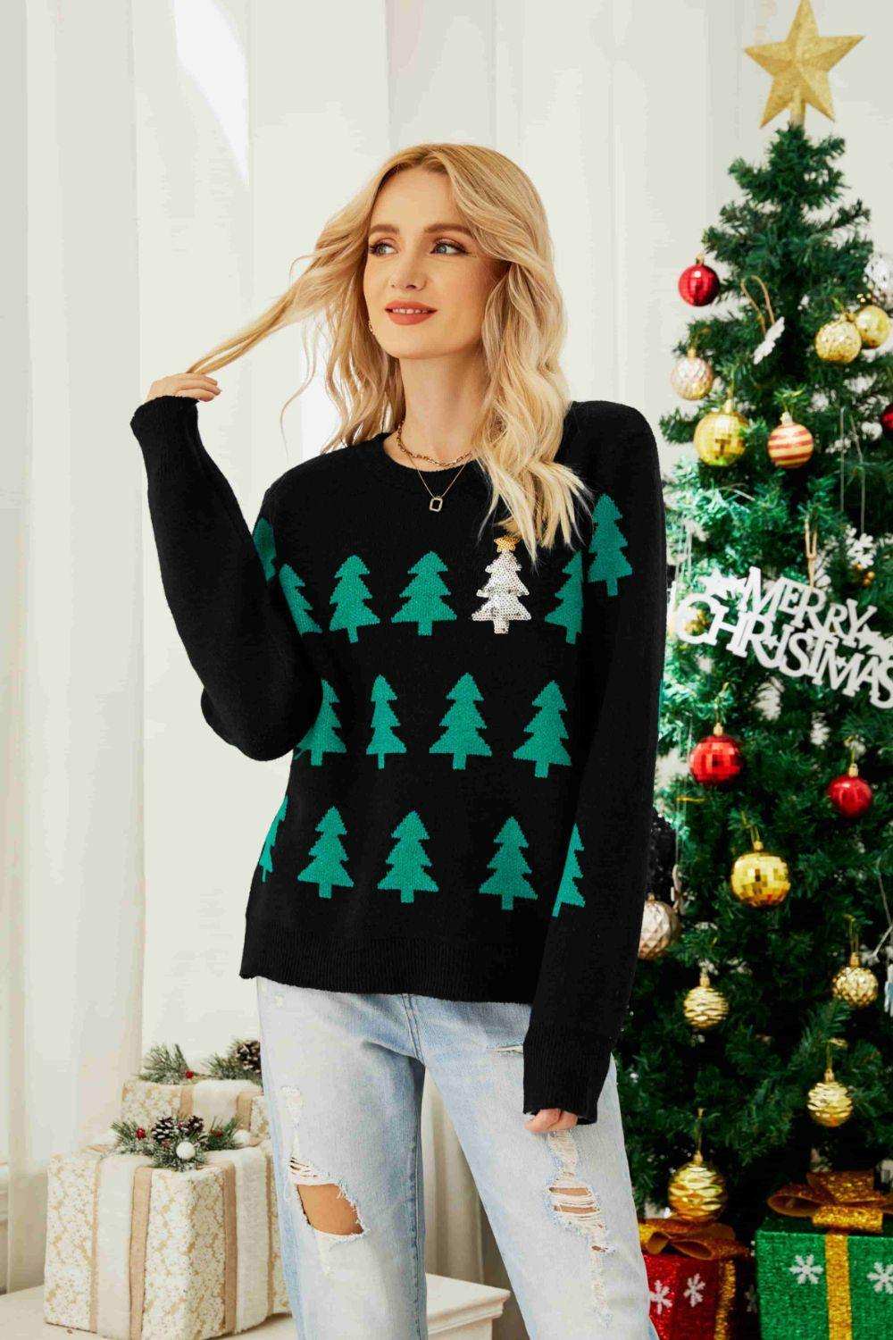 Christmas Tree Round Neck Ribbed Trim Sweater - Trendsi - Flyclothing LLC