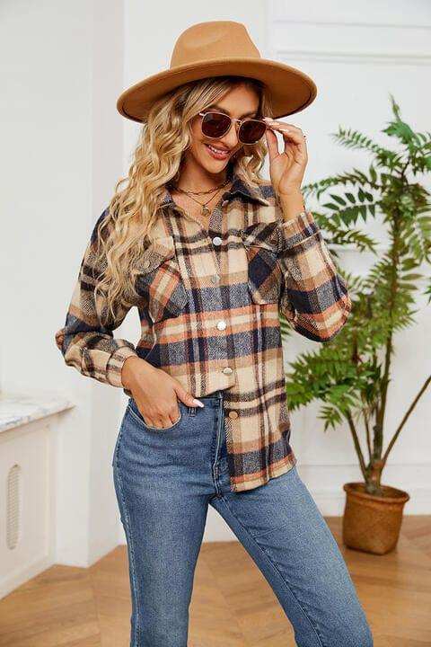 Collared Plaid Shacket - Trendsi - Flyclothing LLC