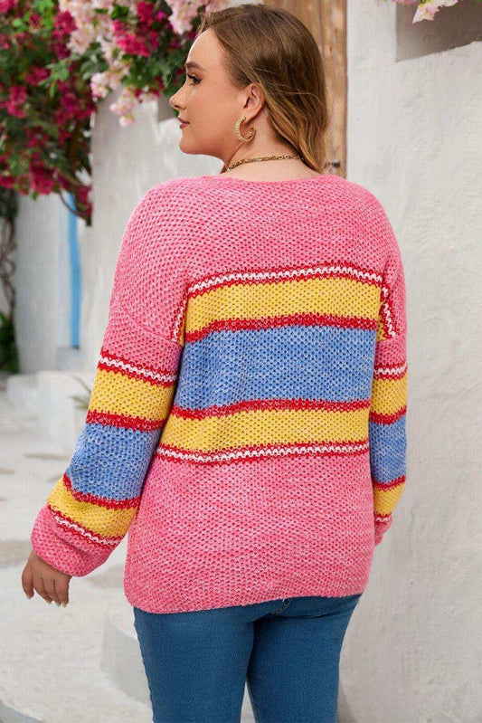 Plus Size Color Block Round Neck Long Sleeve Sweater - Trendsi - Flyclothing LLC