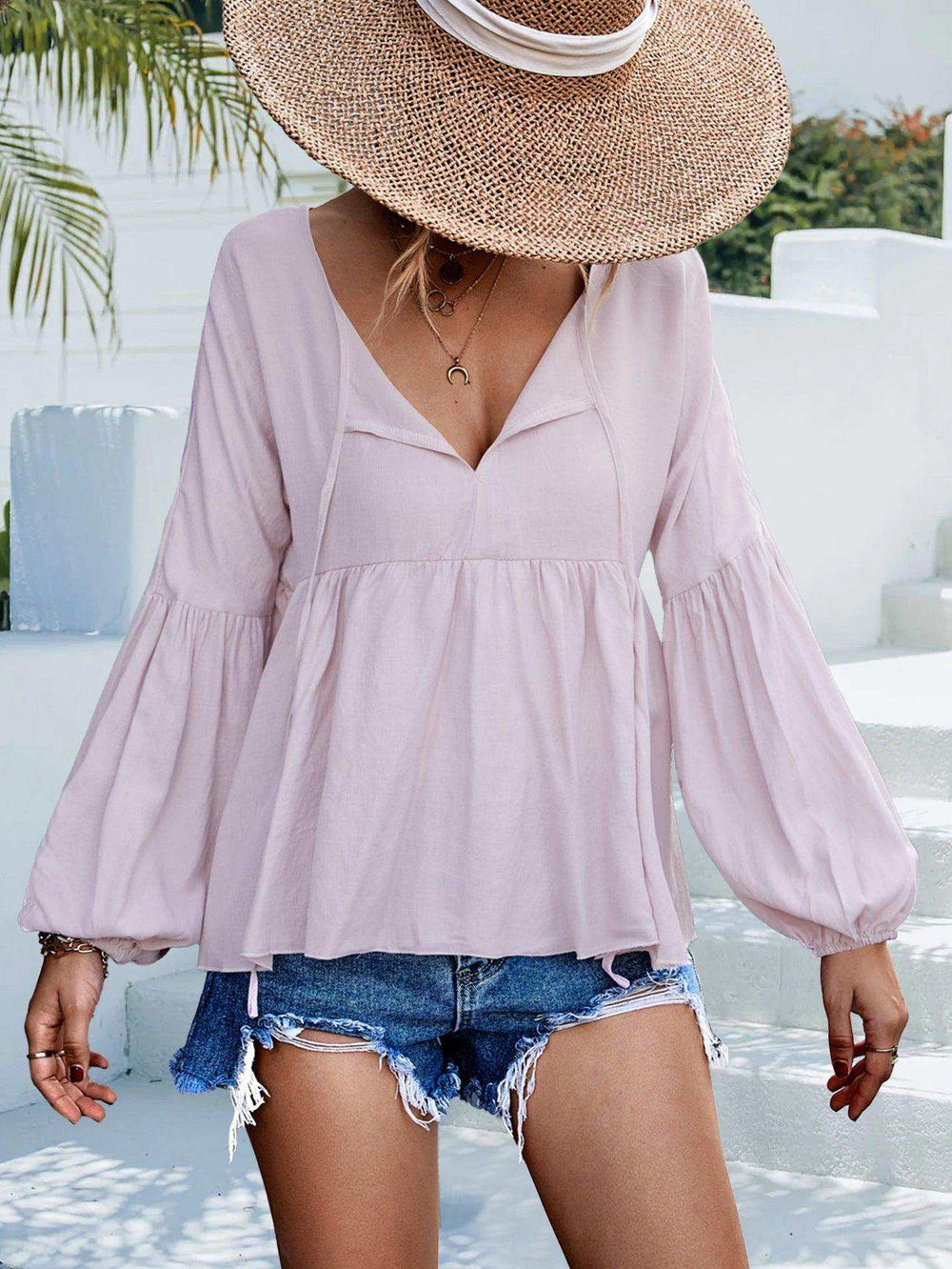 Puff Sleeve Babydoll Blouse - Trendsi - Flyclothing LLC