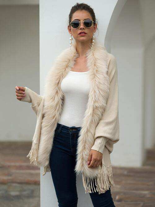 Fringe Open Front Long Sleeve Poncho - Trendsi - Flyclothing LLC