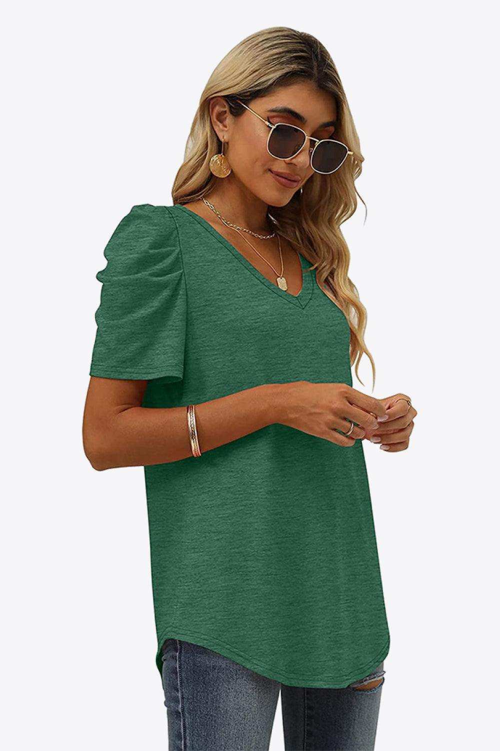 V-Neck Puff Sleeve Tee - Trendsi - Flyclothing LLC