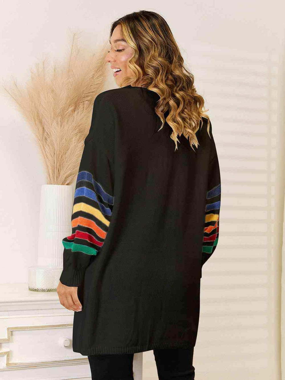 Striped Open Front Dropped Shoulder Cardigan - Trendsi - Flyclothing LLC