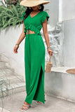 V-Neck Ruffle Hem Top and Slit Pants Set - Trendsi - Flyclothing LLC