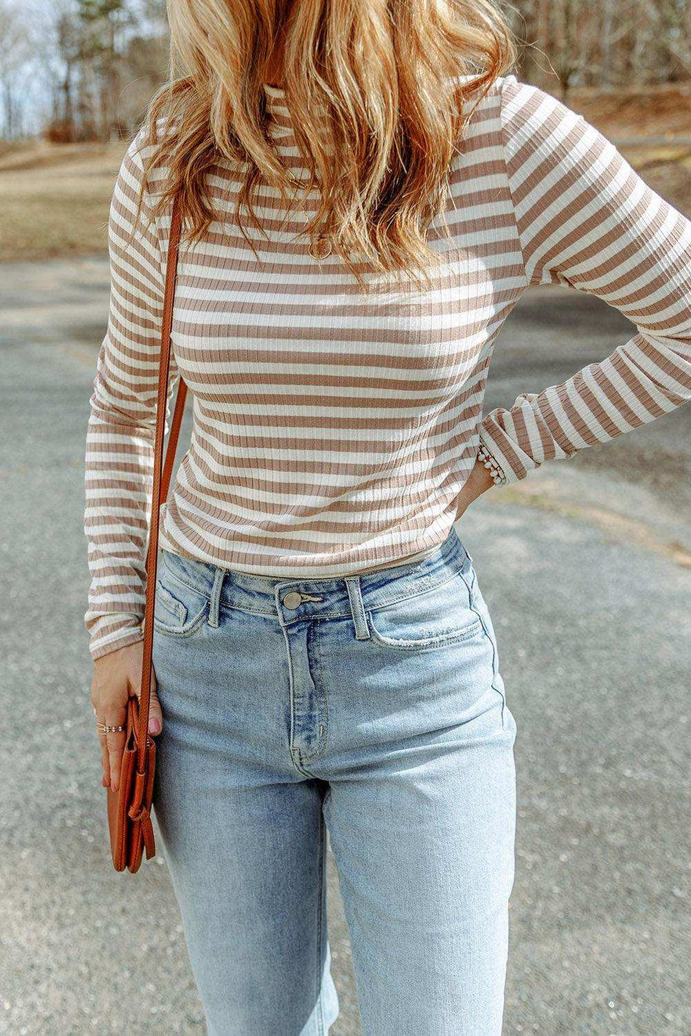 Striped Mock Neck Long Sleeve Top - Trendsi - Flyclothing LLC