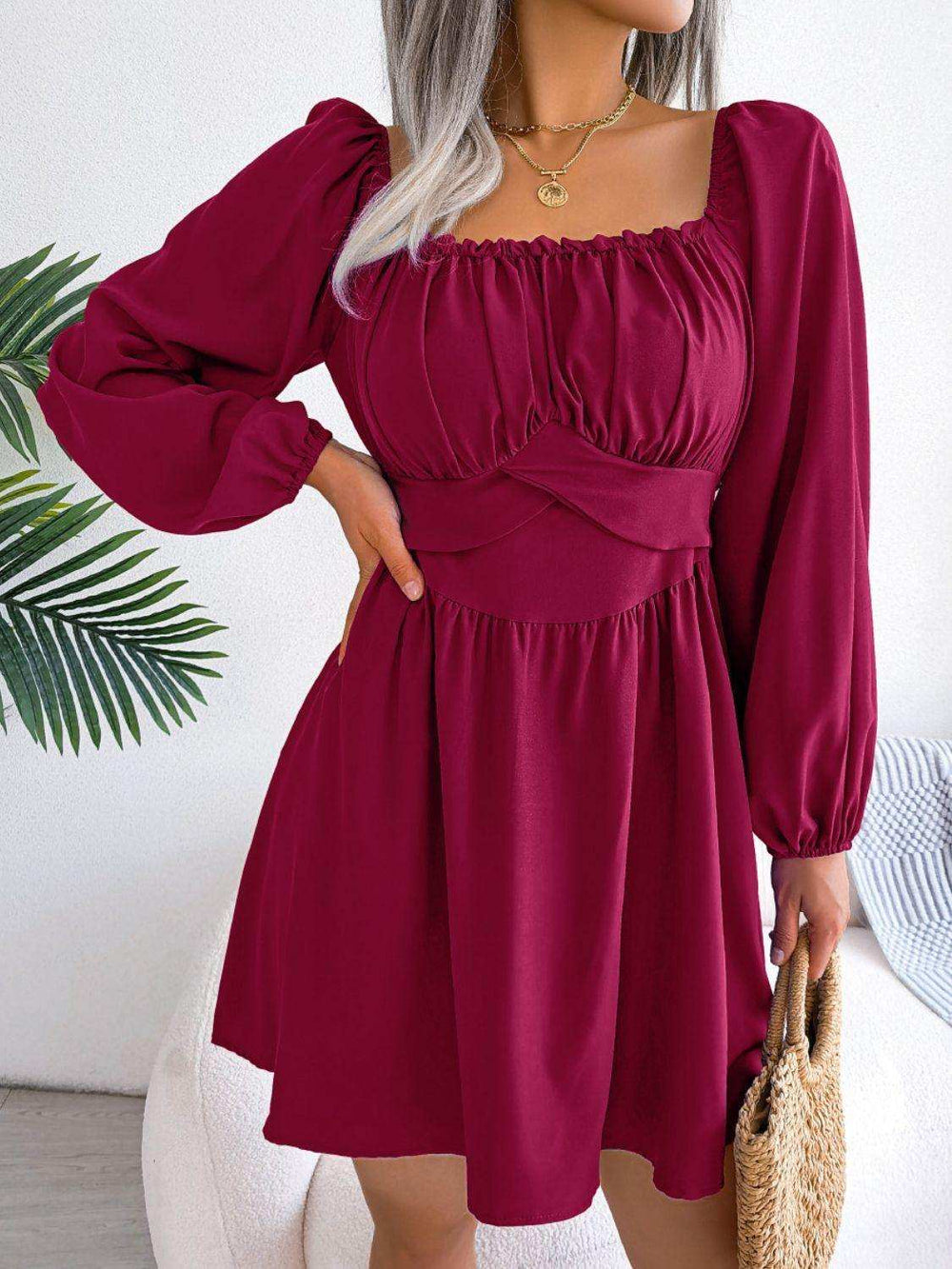 Tied Square Neck Balloon Sleeve Dress - Trendsi - Flyclothing LLC