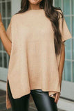 Waffle-Knit Slit Short Sleeve Sweater - Trendsi - Flyclothing LLC