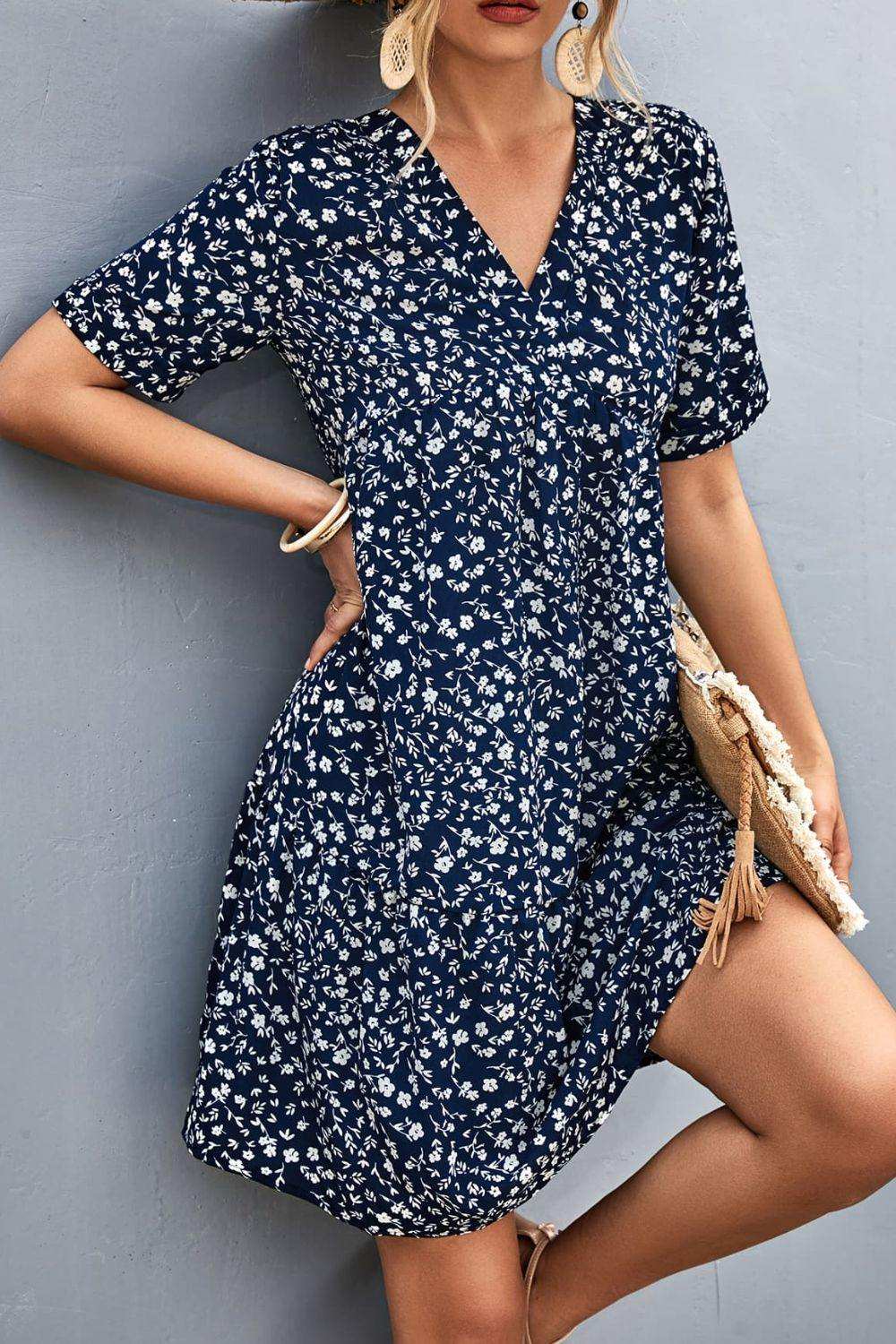 Ditsy Floral Empire Waist Plunge Short Sleeve Dress - Trendsi - Flyclothing LLC