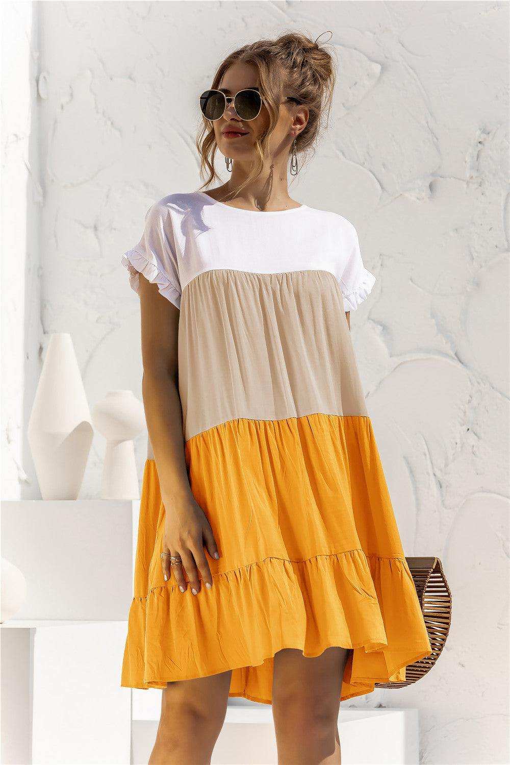 Color Block Round Neck Ruffle Hem Dress - Trendsi - Flyclothing LLC