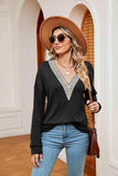Contrast V-Neck Long Sleeve Blouse - Trendsi - Flyclothing LLC
