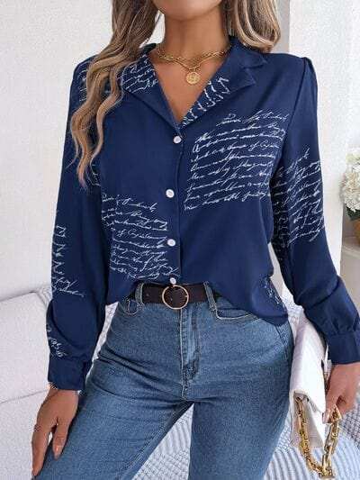 Letter Printed Button Up Long Sleeve Blouse - Trendsi - Flyclothing LLC