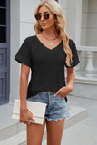 Eyelet V-Neck Short Sleeve T-Shirt - Trendsi - Flyclothing LLC