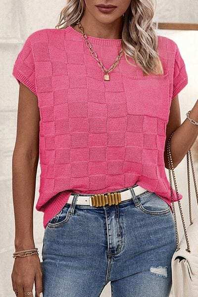 Pocketed Checkered Round Neck Knit Top - Trendsi - Flyclothing LLC