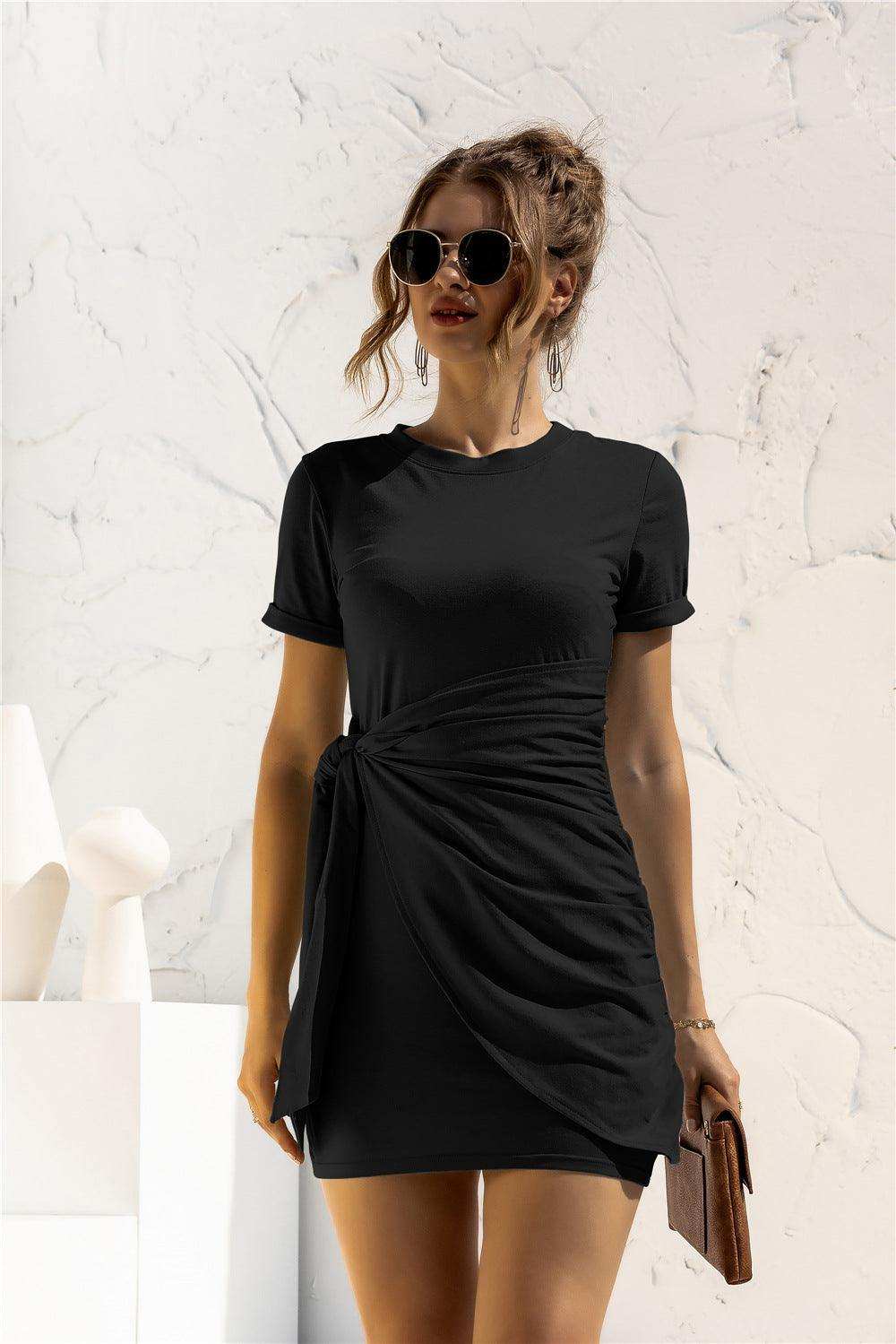 Round Neck Cuffed Sleeve Side Tie Dress - Trendsi - Flyclothing LLC