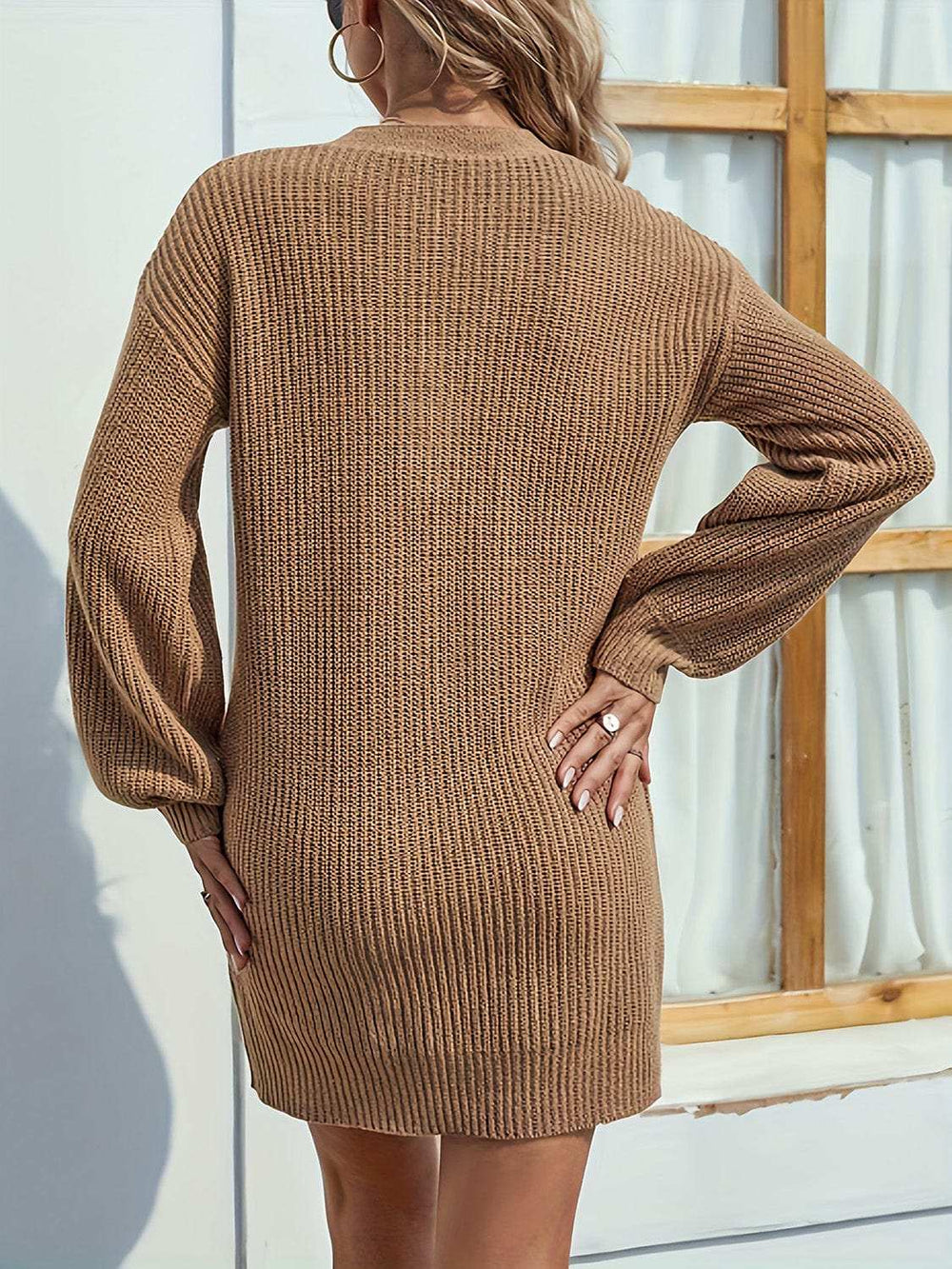 V-Neck Dropped Shoulder Mini Sweater Dress - Trendsi - Flyclothing LLC