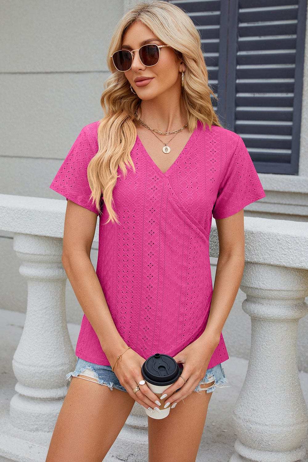Eyelet Surplice Short Sleeve T-Shirt - Trendsi - Flyclothing LLC
