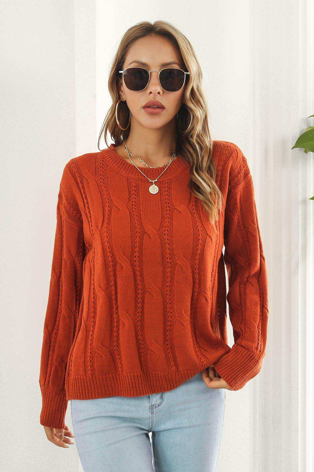 Round Neck Long Sleeve Sweater - Trendsi - Flyclothing LLC