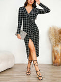 Plaid Long Sleeve Slit Dress - Trendsi - Flyclothing LLC