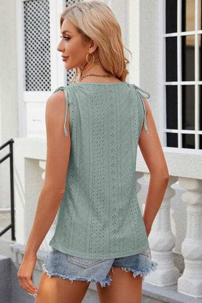 Eyelet Round Neck Wide Strap Tank - Trendsi - Flyclothing LLC