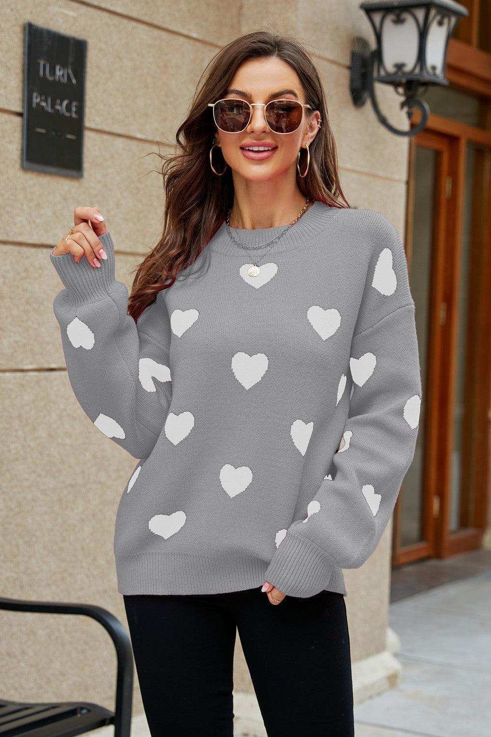 Heart Pattern Lantern Sleeve Round Neck Tunic Sweater - Trendsi - Flyclothing LLC