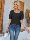 Eyelet Asymmetrical Neck Short Sleeve T-Shirt - Trendsi - Flyclothing LLC