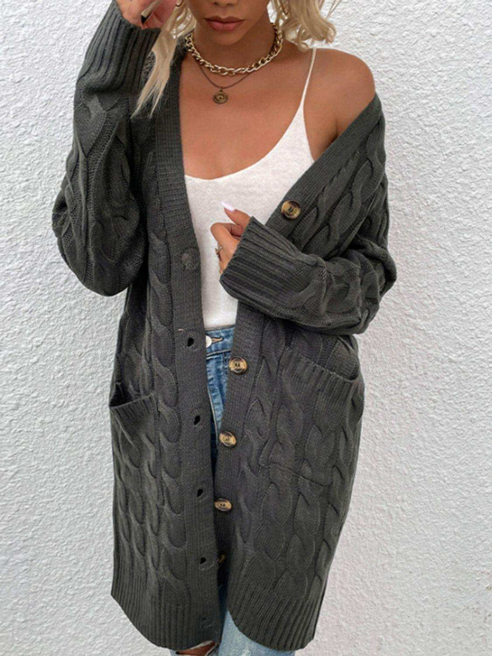 Cable-Knit Button Down Cardigan with Pockets - Trendsi - Flyclothing LLC