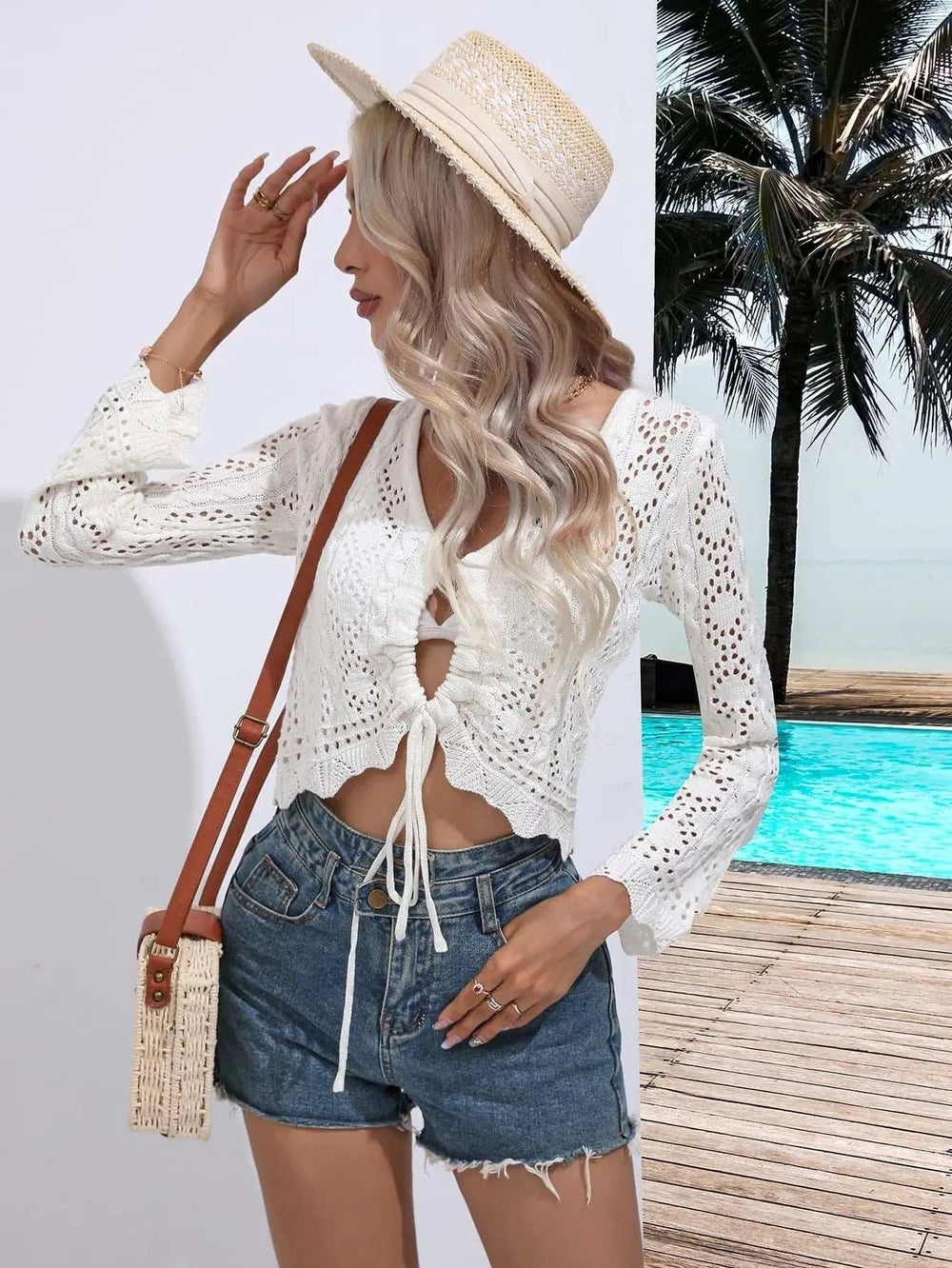 Drawstring V-Neck Long Sleeve Cover Up - Trendsi - Flyclothing LLC