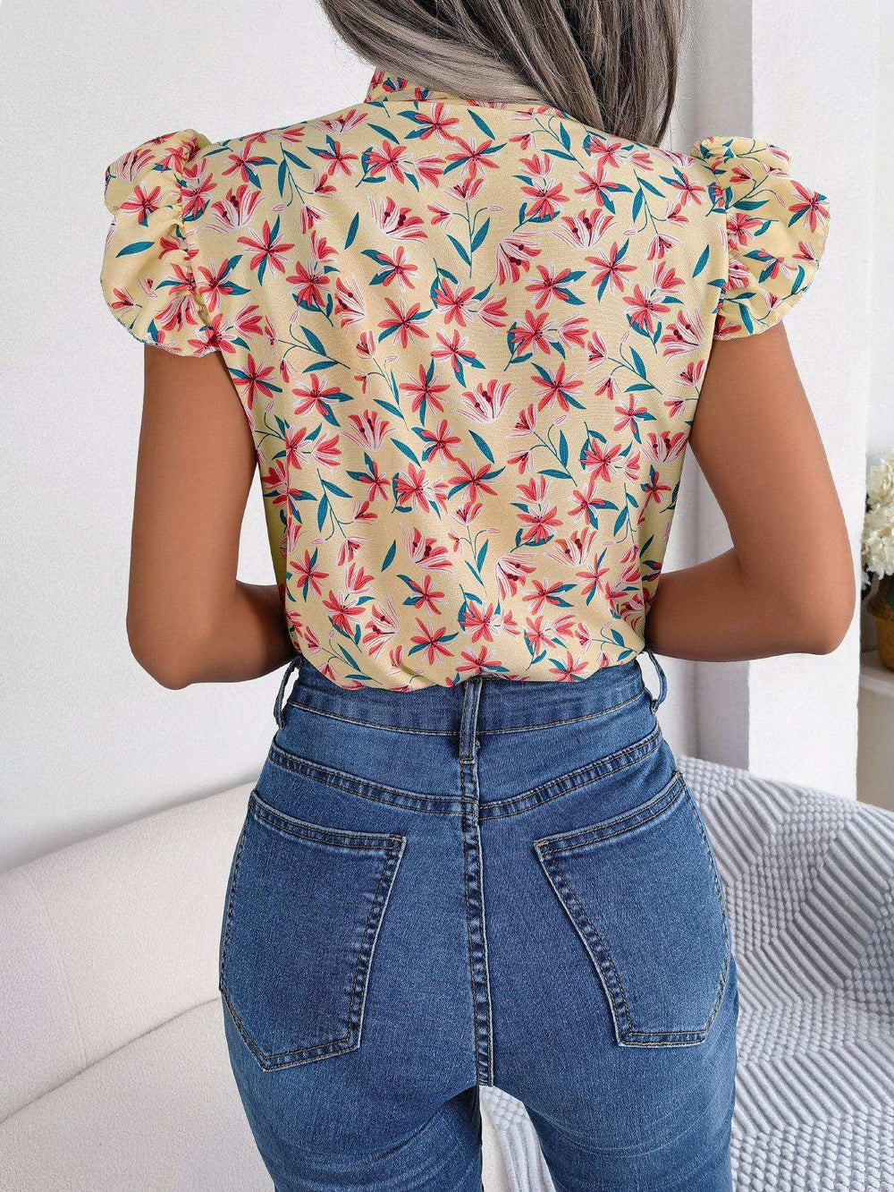 Floral Tie Neck Flutter Sleeve Blouse - Trendsi - Flyclothing LLC