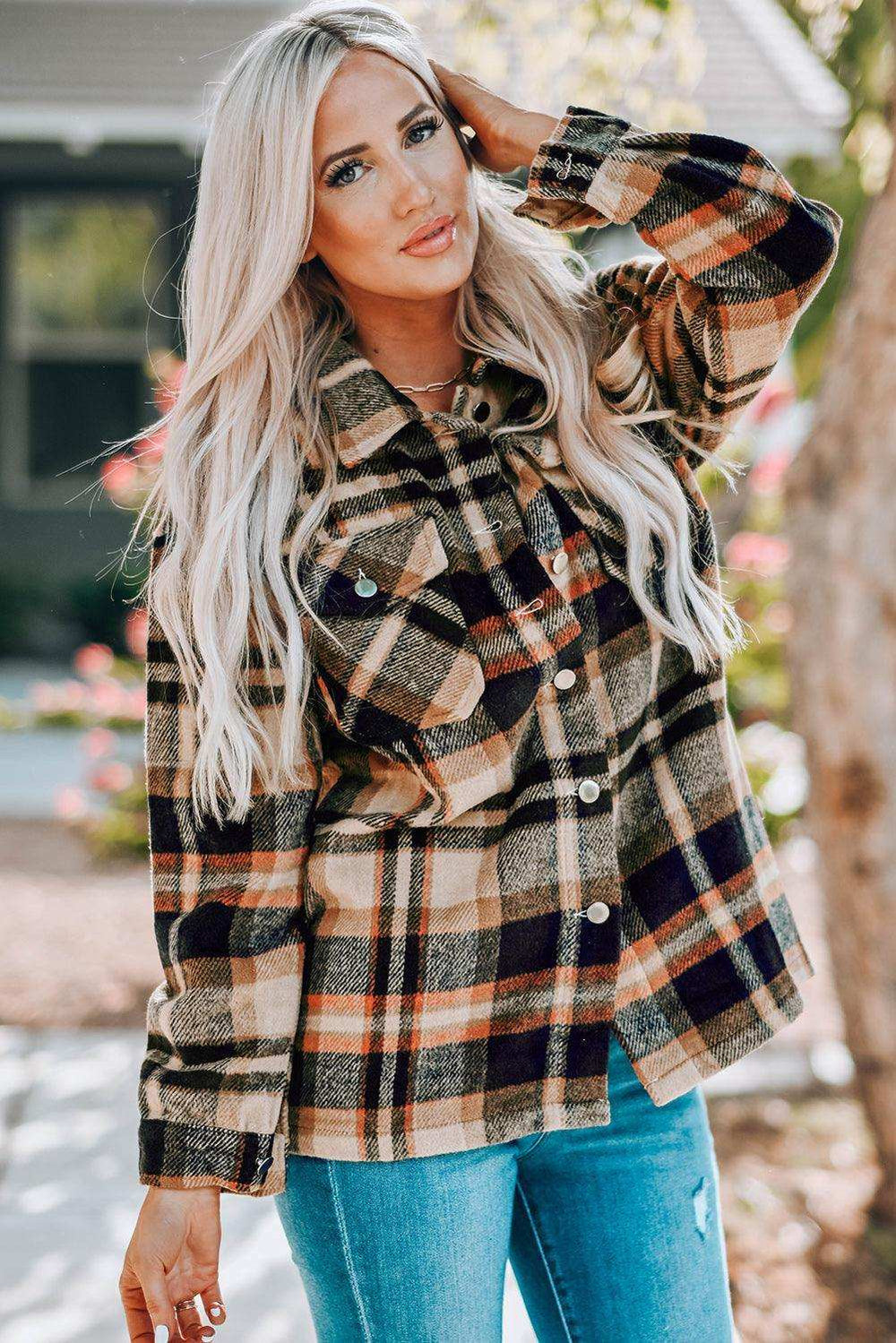 Plaid Button Front Shirt Jacket with Breast Pockets - Trendsi - Flyclothing LLC