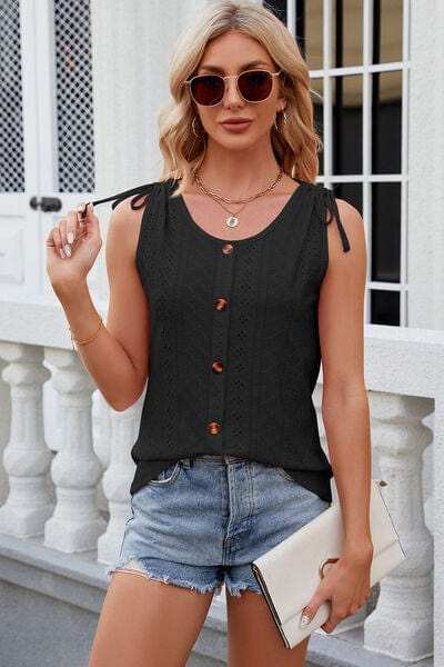 Eyelet Round Neck Wide Strap Tank - Trendsi - Flyclothing LLC