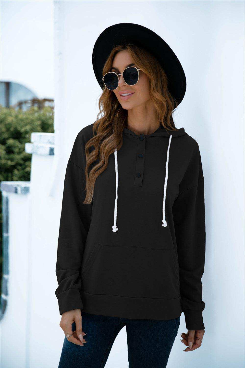Quarter Snap Drawstring Hoodie with Kangaroo Pocket - Trendsi - Flyclothing LLC