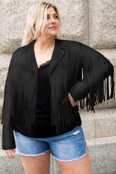 Plus Size Fringe Open Front Jacket - Trendsi - Flyclothing LLC