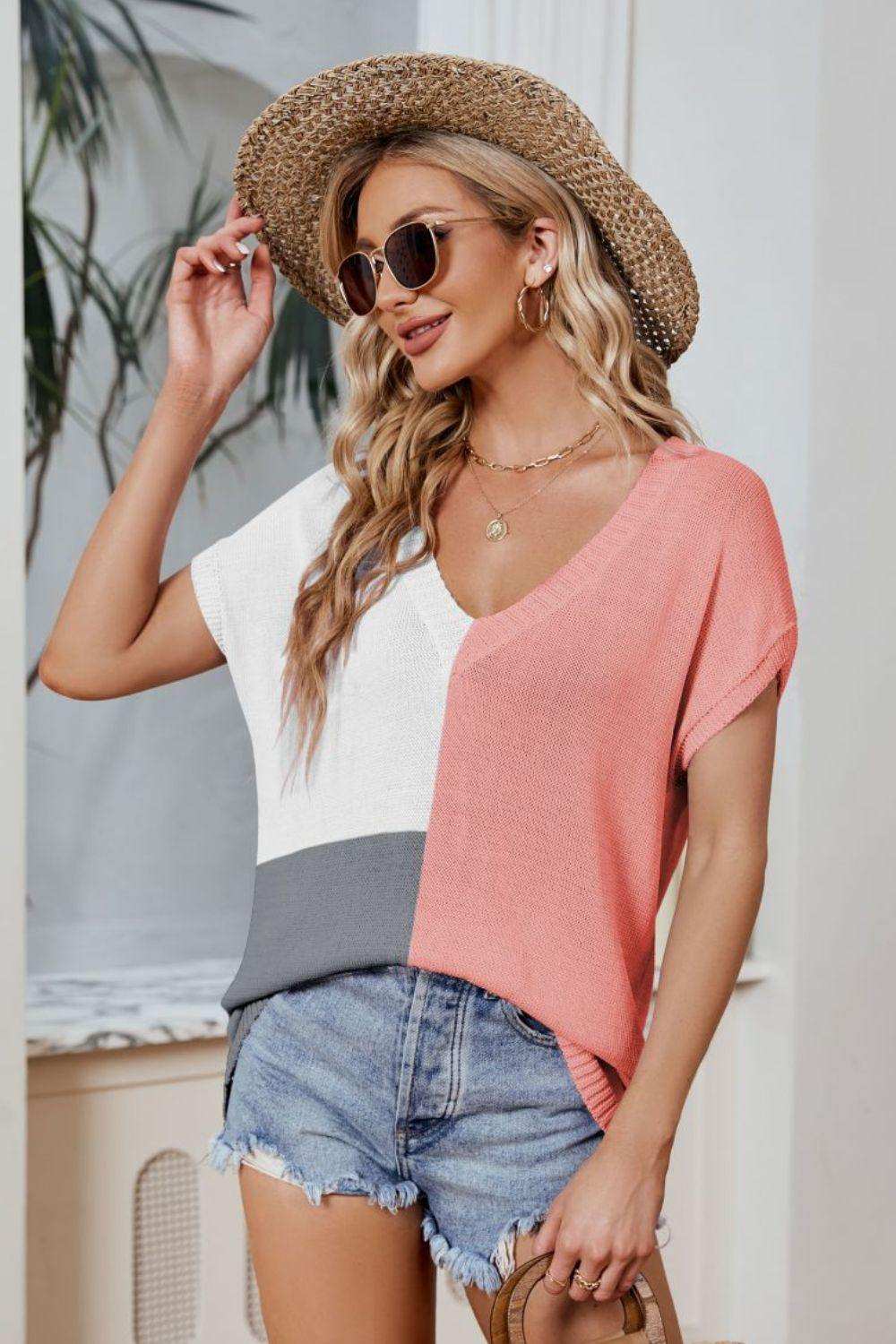 Color Block V-Neck Knit Top - Trendsi - Flyclothing LLC