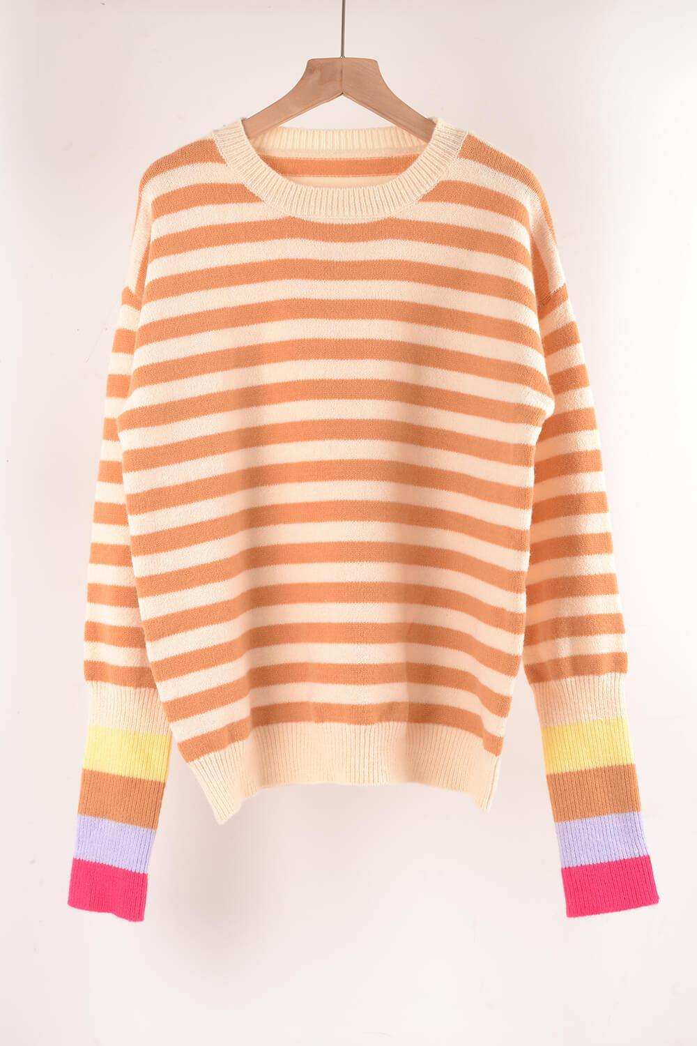 Warm Spice Striped Round Neck Sweater - Trendsi - Flyclothing LLC