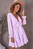 Tied Plunge Smocked Waist Flounce Sleeve Dress - Trendsi - Flyclothing LLC