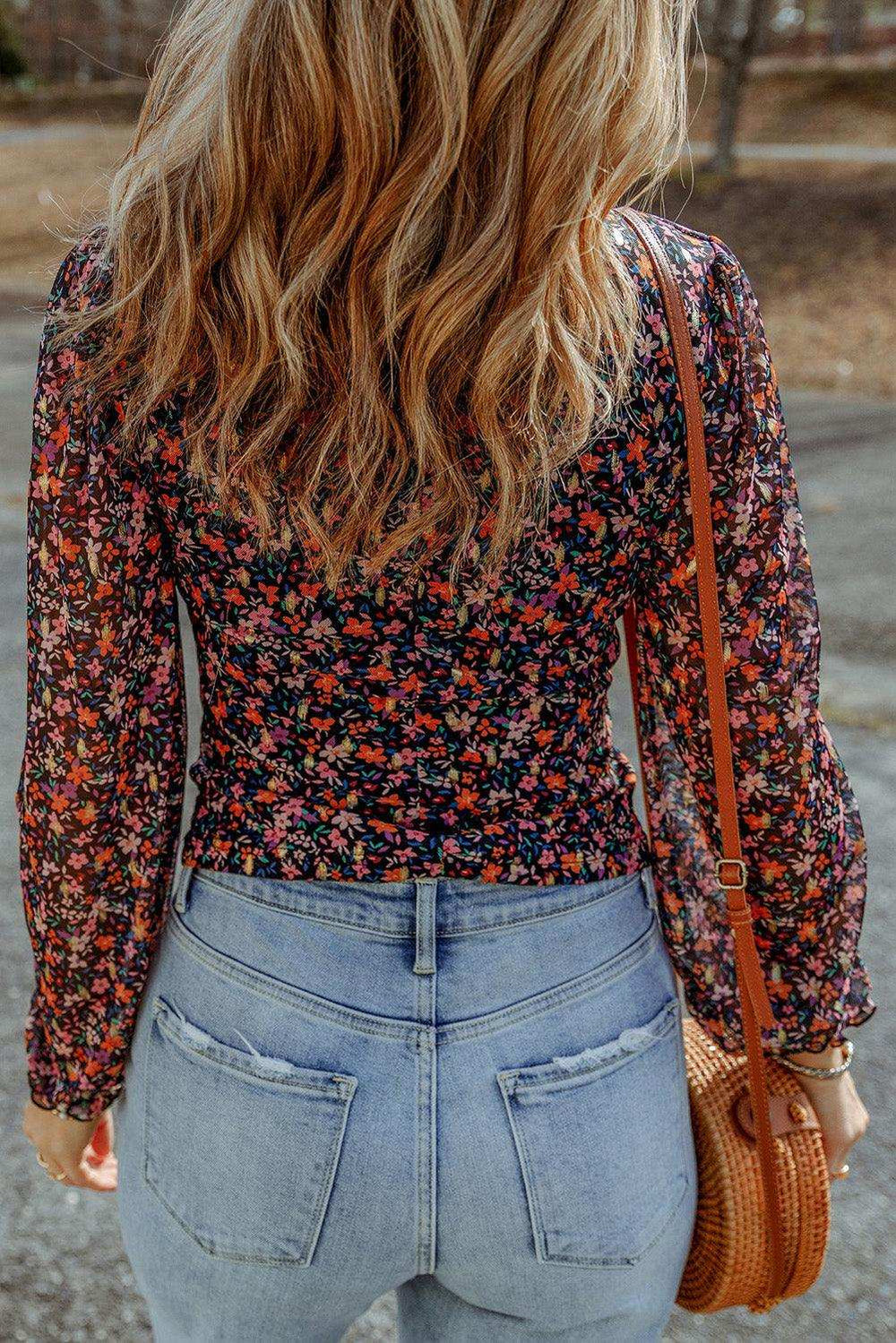 Floral Long Flounce Sleeve Blouse - Trendsi - Flyclothing LLC