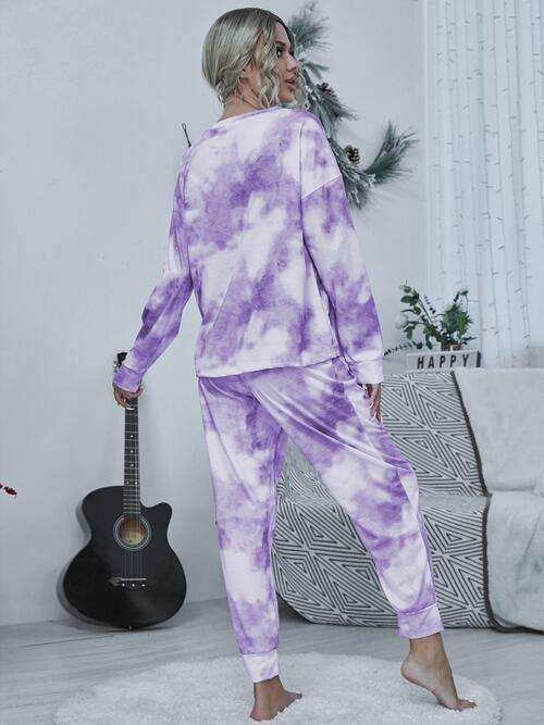 Tie-dye Round Neck Top and Drawstring Pants Lounge Set - Trendsi - Flyclothing LLC