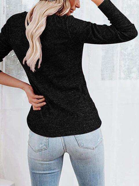 Round Neck Buttoned Long Sleeve T-Shirt - Trendsi - Flyclothing LLC