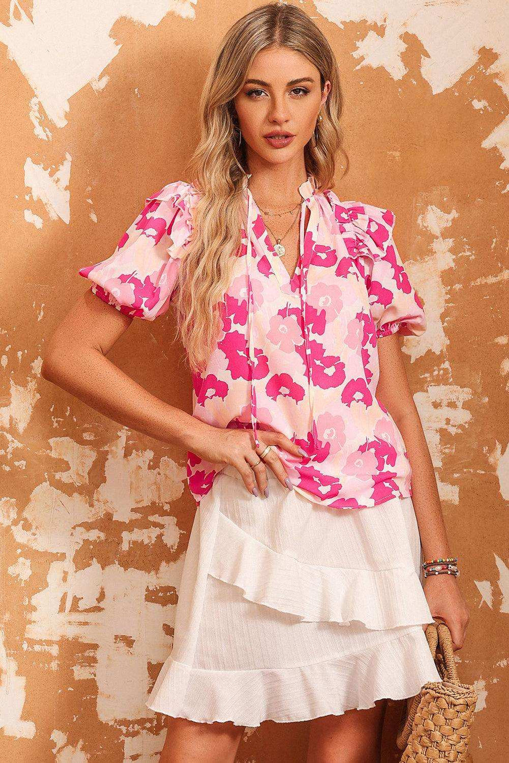 Floral Tie Neck Ruffle Shoulder Blouse - Trendsi - Flyclothing LLC