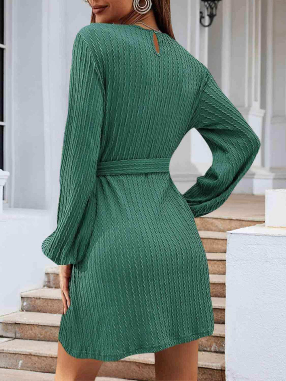 Round Neck Tie Front Long Sleeve Dress - Trendsi - Flyclothing LLC